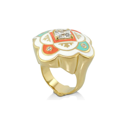 Mandarine Oriental Ring gold-tone cocktail ring with enamel petals in white coral turquoise mint on Tampa Home & Garden Store