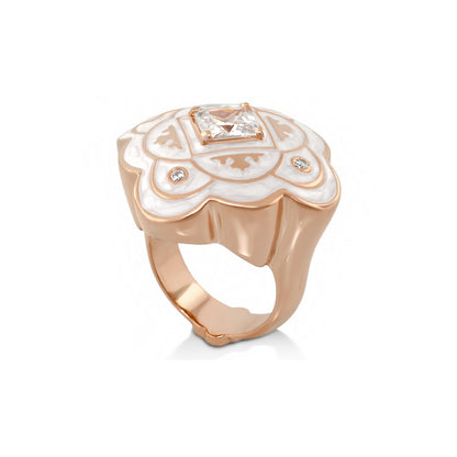 Mandarine Oriental Ring, Lauren G Adams rose gold cocktail ring with white enamel flower motif and square-cut center diamond on Tampa Home & Garden Store