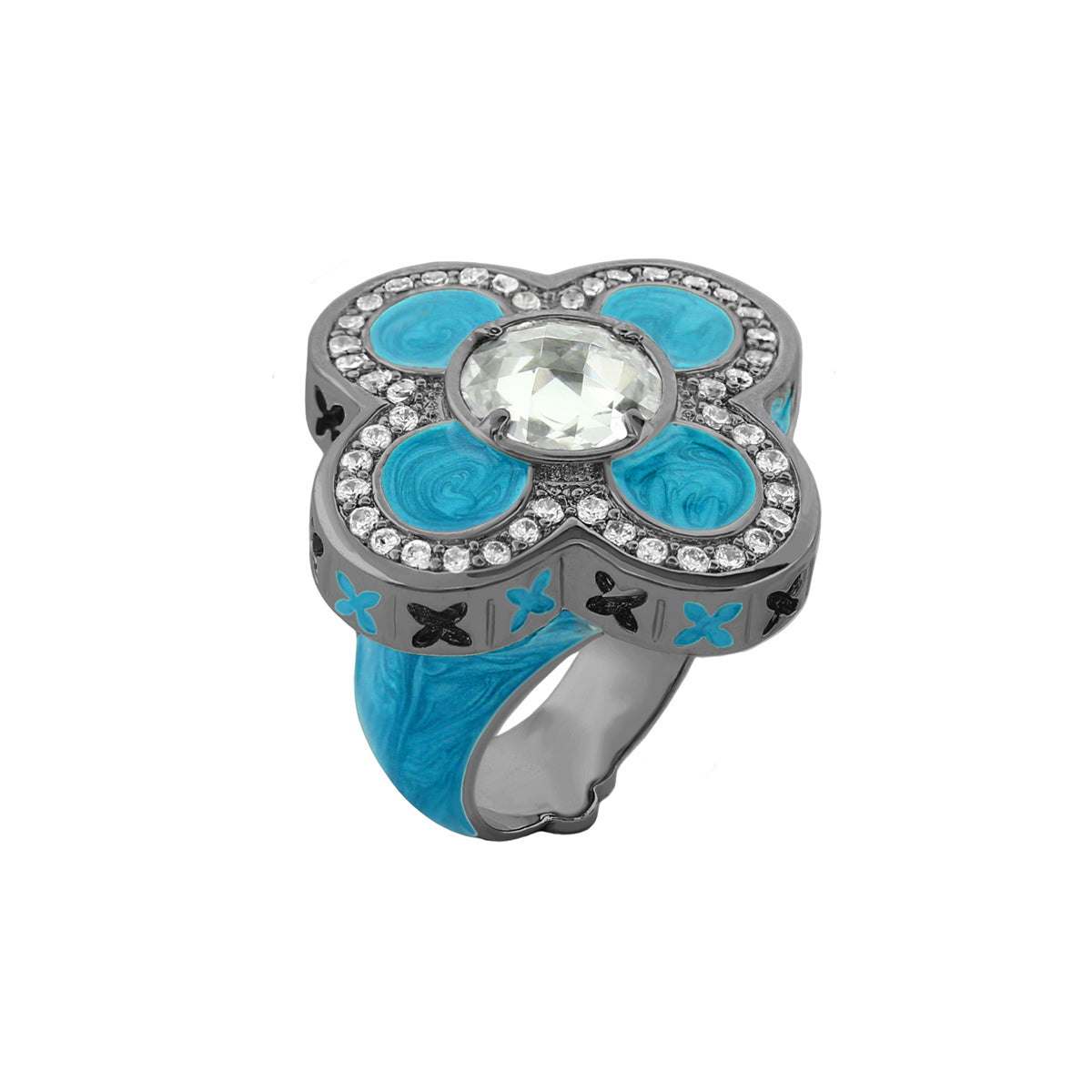 Floral Knight Cocktail Ring by Lauren G Adams with turquoise petals and clear center on Tampa Home & Garden Store