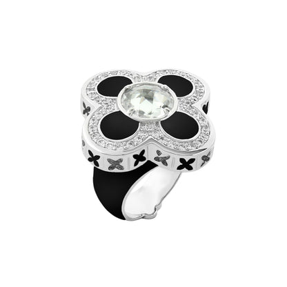 Floral Knight Cocktail Ring by Lauren G Adams with black enamel petals and crystal center on Tampa Home & Garden Store