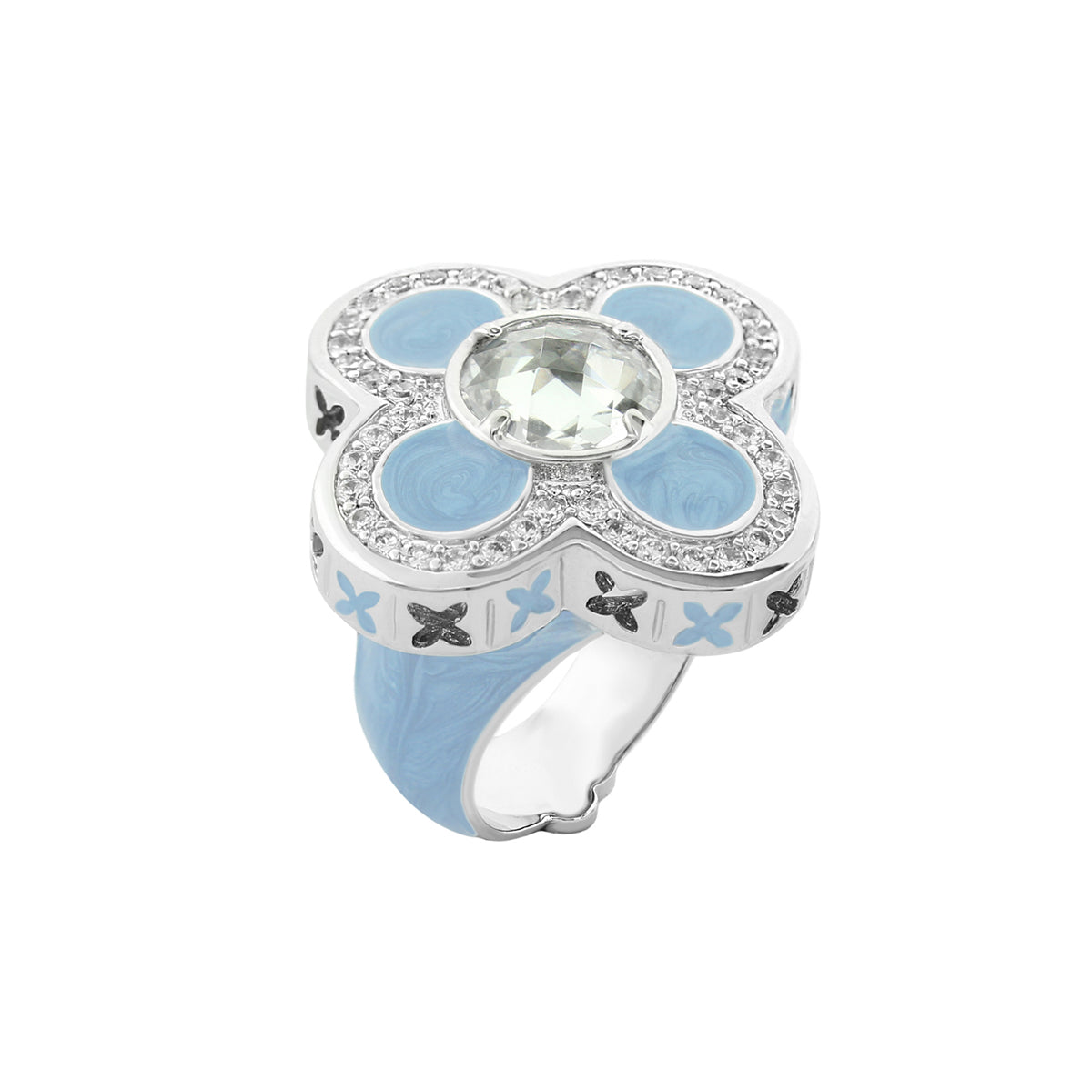 Floral Knight cocktail ring by Lauren G Adams, silver-tone with blue enamel petals and gem on Tampa Home & Garden Store