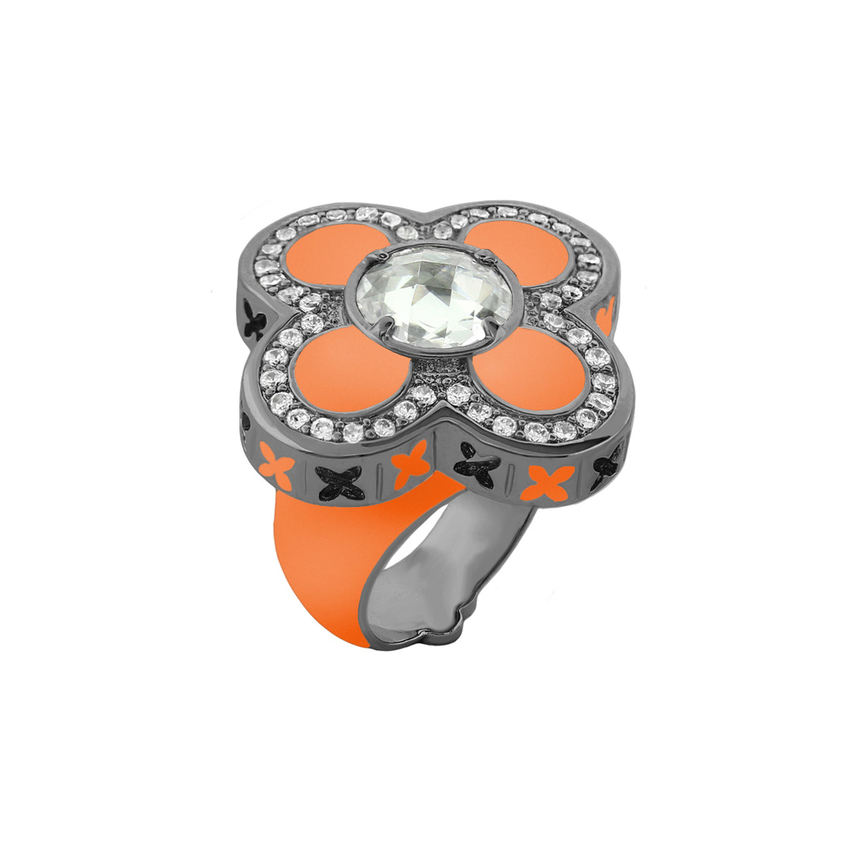 Floral Knight Cocktail Ring orange petals with clear gem and crystal halo on silver band on Tampa Home & Garden Store
