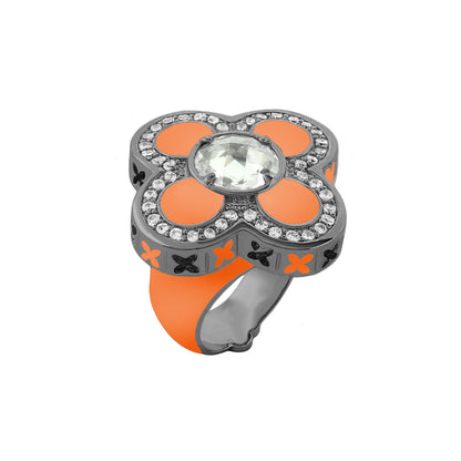 Floral Knight Cocktail Ring orange petals with clear gem and crystal halo on silver band on Tampa Home & Garden Store