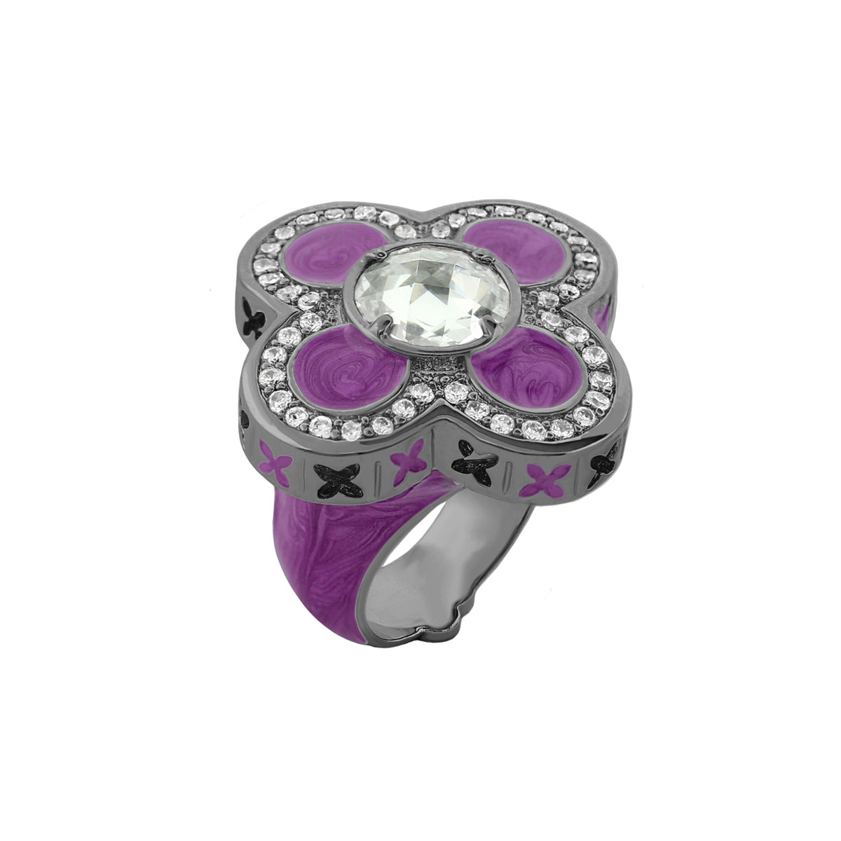 Floral Knight Cocktail Ring by Lauren G Adams, purple enamel petals with clear central stone on Tampa Home & Garden Store