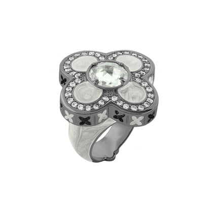 Floral Knight cocktail ring silver-tone flower top with four petals, central gem, crystal border on Tampa Home & Garden Store