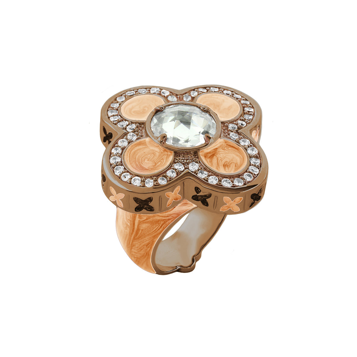 Floral Knight Cocktail Ring by Lauren G Adams, rose gold with peach enamel petals and center gem on Tampa Home & Garden Store