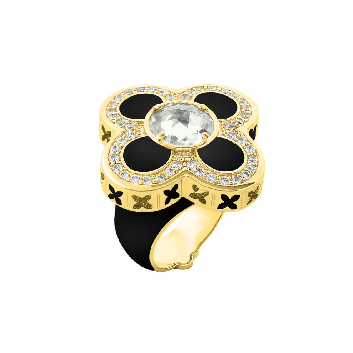 Floral Knight Cocktail Ring by Lauren G Adams, gold-tone with black enamel petals and crystals on Tampa Home & Garden Store