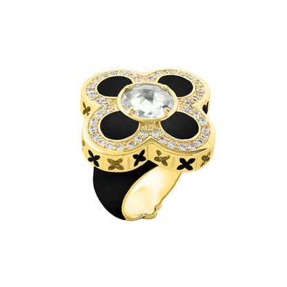 Floral Knight Cocktail Ring by Lauren G Adams, gold-tone with black enamel petals and crystals on Tampa Home & Garden Store