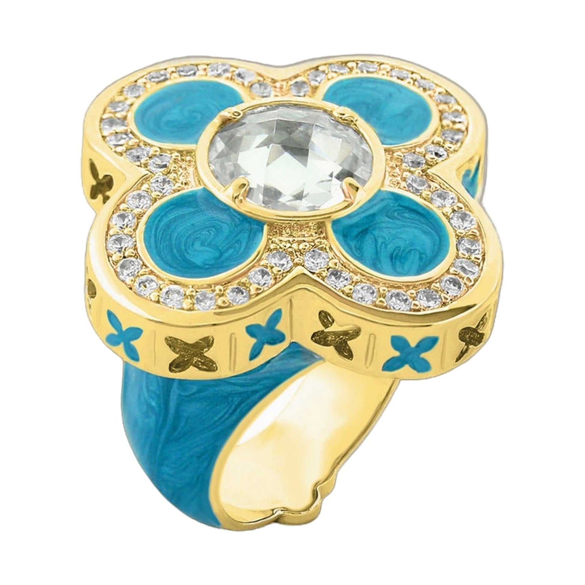 Floral Knight Cocktail Ring by Lauren G Adams, goldtone blue enamel petals and clear center on Tampa Home & Garden Store
