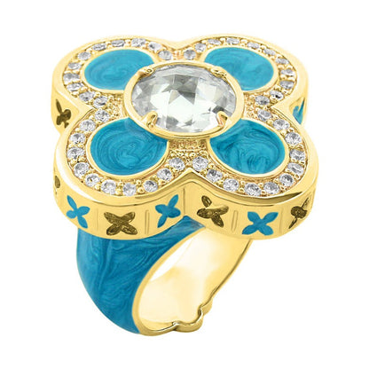 Floral Knight Cocktail Ring, gold-tone with turquoise enamel petals and clear center stone on Tampa Home & Garden Store