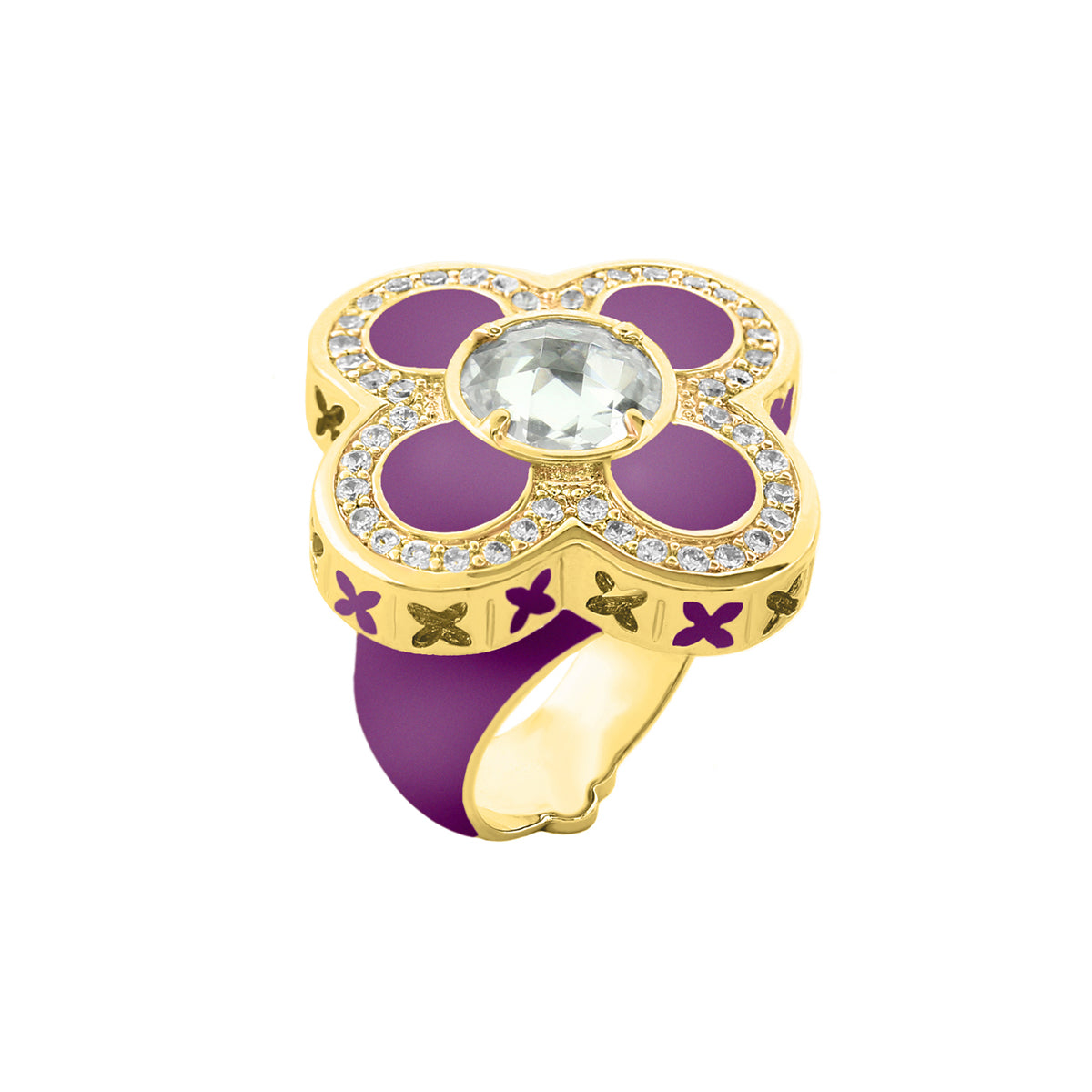 Floral Knight Cocktail Ring by Lauren G Adams, gold with purple enamel petals and crystal halo on Tampa Home & Garden Store