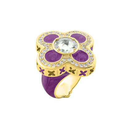 Floral Knight Cocktail Ring by Lauren G Adams, gold-tone with purple enamel petals and pavé halo on Tampa Home & Garden Store