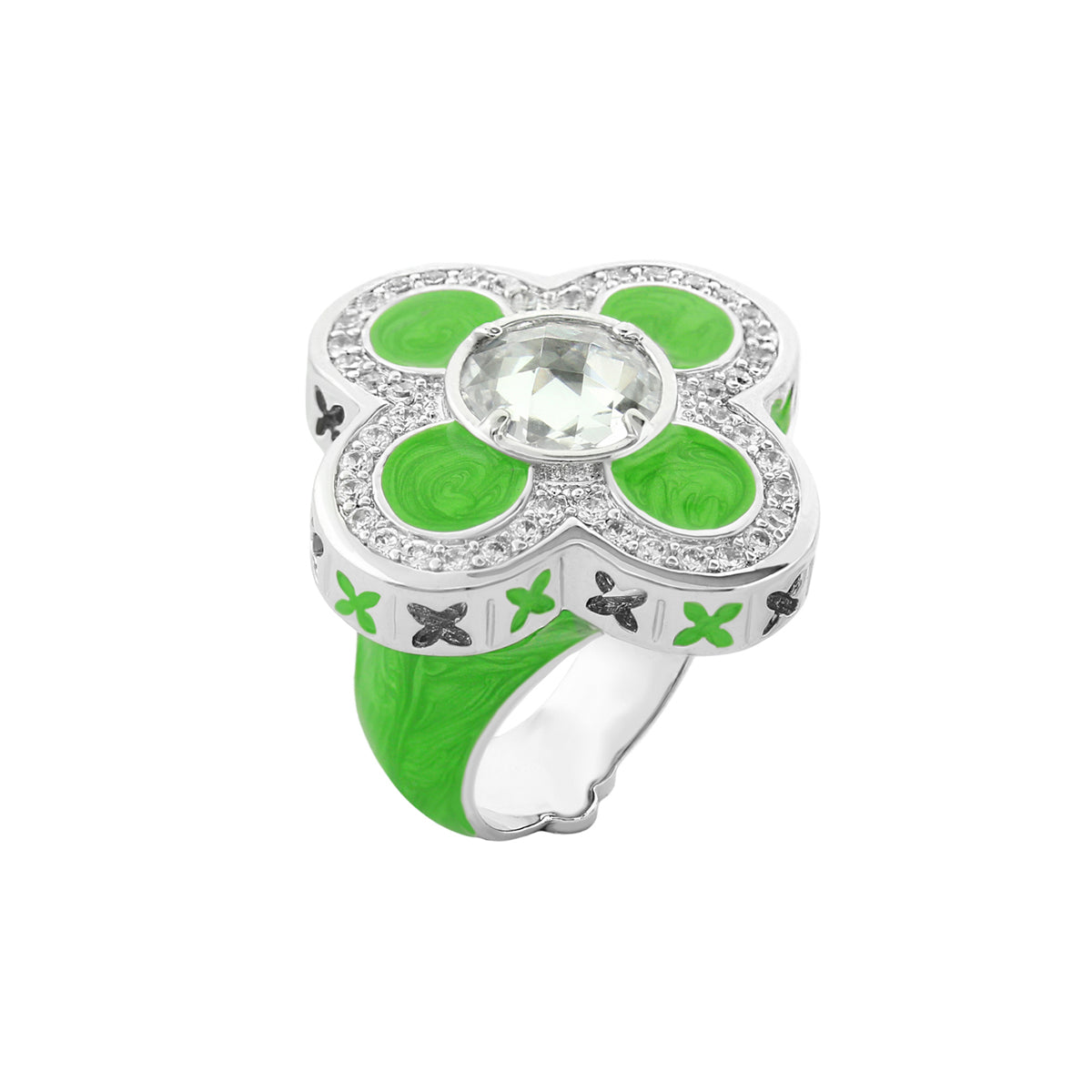 Floral Knight Cocktail Ring, Lauren G Adams, silver with green petals and clear crystal on Tampa Home & Garden Store