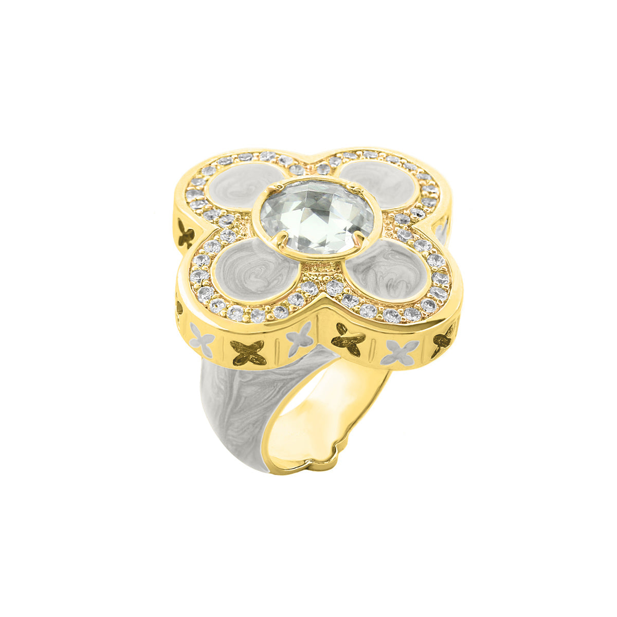 Floral Knight Cocktail Ring by Lauren G Adams, gold-tone flower motif with central pale gem and pavé crystals on Tampa Home & Garden Store
