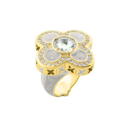 Floral Knight Cocktail Ring by Lauren G Adams, gold-tone flower motif with central pale gem and pavé crystals on Tampa Home & Garden Store