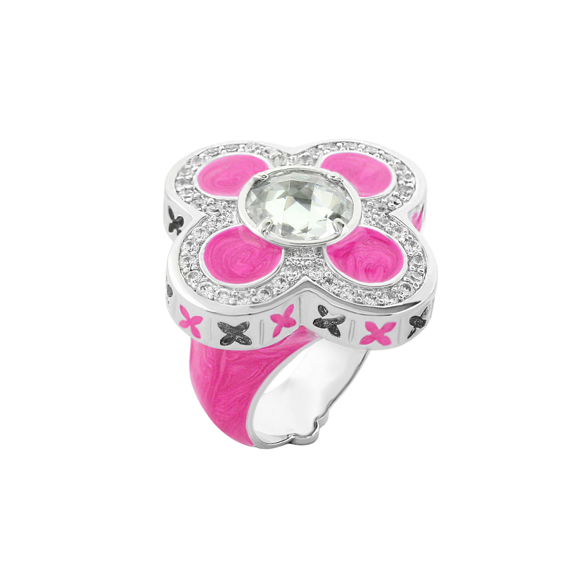 Floral Knight Cocktail Ring silver-tone with pink enamel petals, clear stone, pave band on Tampa Home & Garden Store