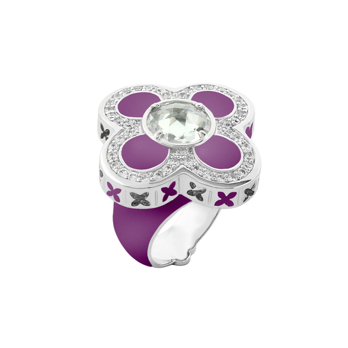 Floral Knight Cocktail Ring, Lauren G Adams, silver with purple enamel petals and clear center on Tampa Home & Garden Store