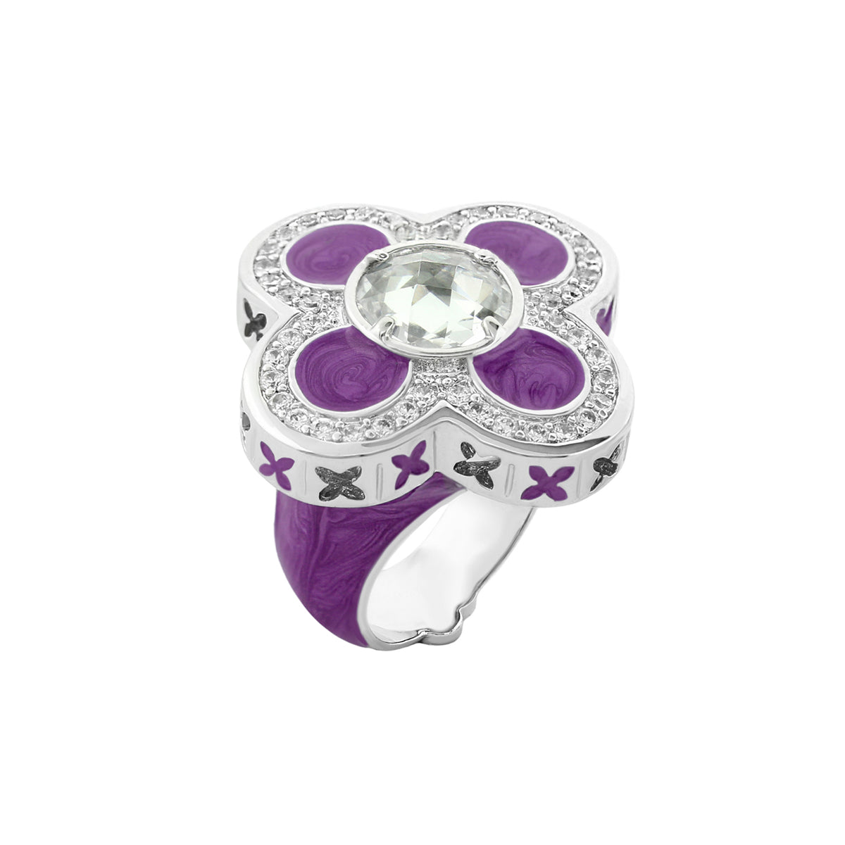 Floral Knight Cocktail Ring with purple enamel petals and clear gemstone in silvertone pave on Tampa Home & Garden Store