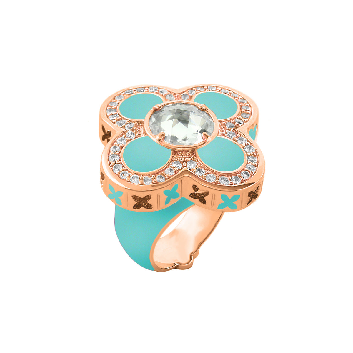 Floral Knight Cocktail Ring by Lauren G Adams, rose gold tone turquoise petals and crystal center on Tampa Home & Garden Store