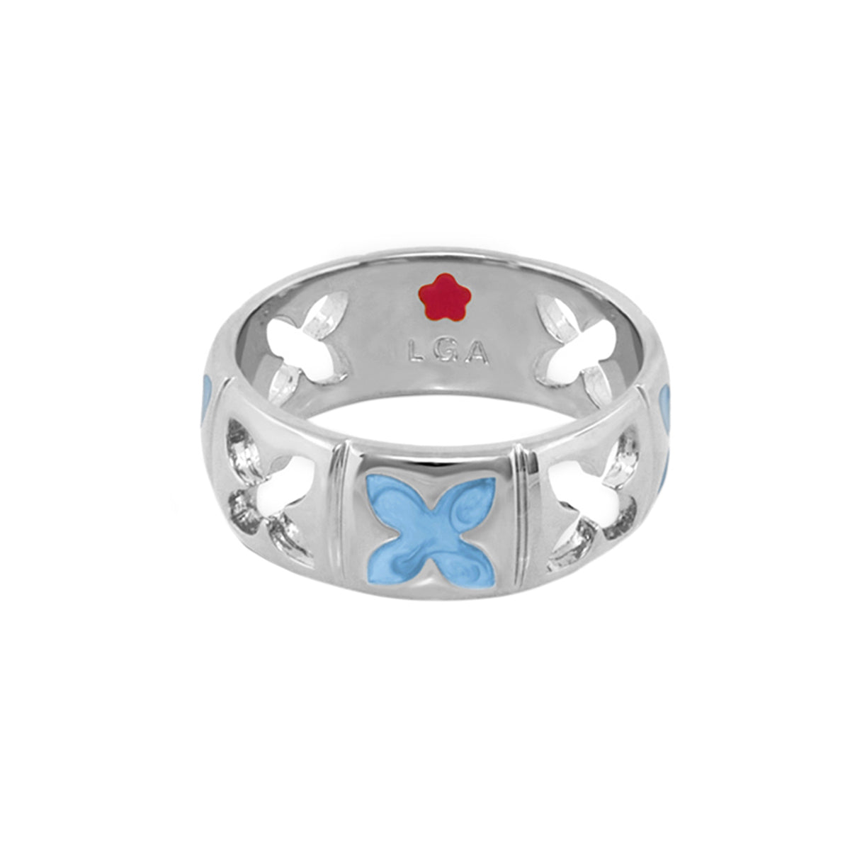 Floral Knight Band Ring, silver-tone ring with blue butterfly enamel inlay by LGA on Tampa Home & Garden Store