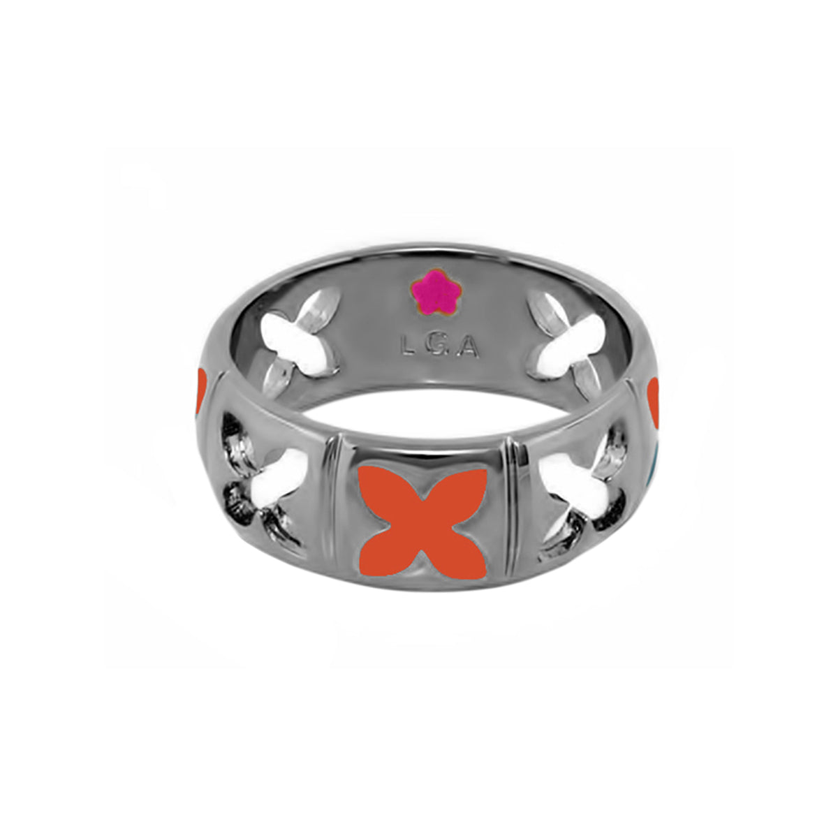 Floral Knight Band Ring by Lauren G Adams, silver ring with orange cutouts and pink interior on Tampa Home & Garden Store
