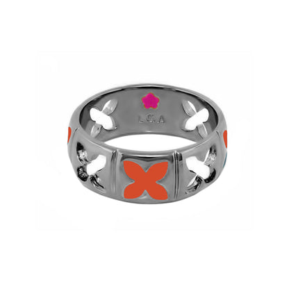 Floral Knight Band Ring by Lauren G Adams, silver ring with orange cutouts and pink interior on Tampa Home & Garden Store