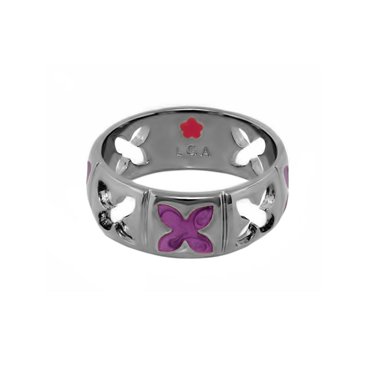 Floral Knight Band Ring by Lauren G Adams, silver ring with purple butterfly enamel accents on Tampa Home & Garden Store