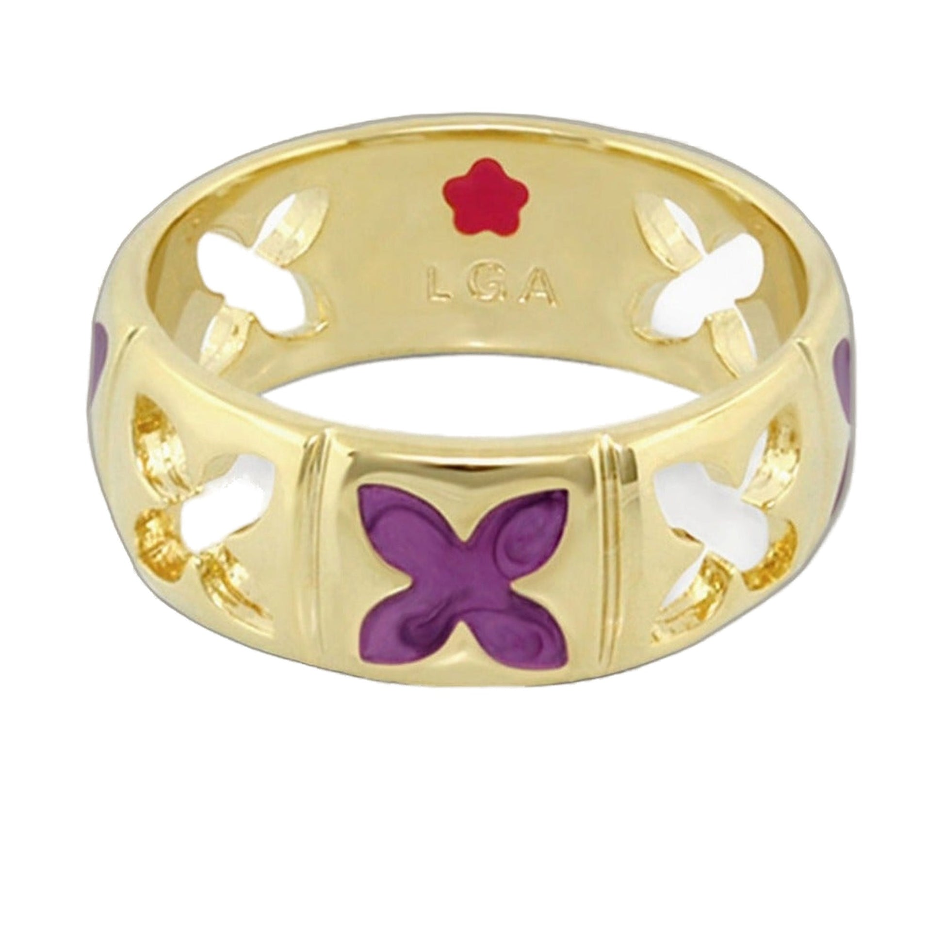 Floral Knight Band Ring by Lauren G Adams, gold-tone wide band with purple enamel flowers on Tampa Home & Garden Store