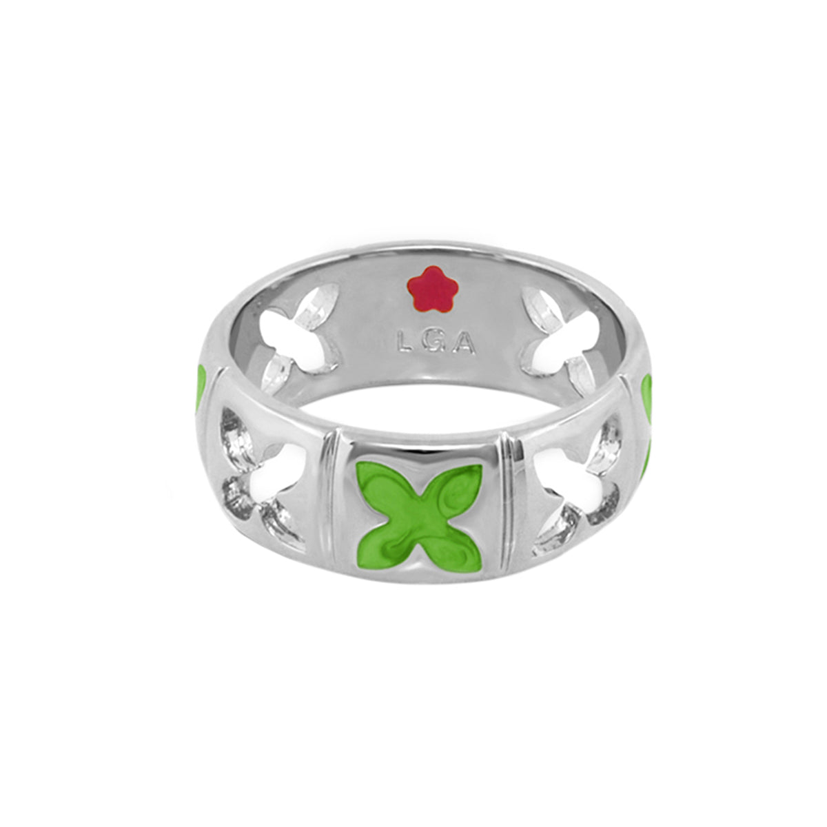 Floral Knight Band Ring silver with green enamel flowers and LGA engraving inside on Tampa Home & Garden Store