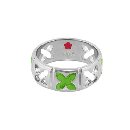 Floral Knight Band Ring silver with green enamel flowers and LGA engraving inside on Tampa Home & Garden Store
