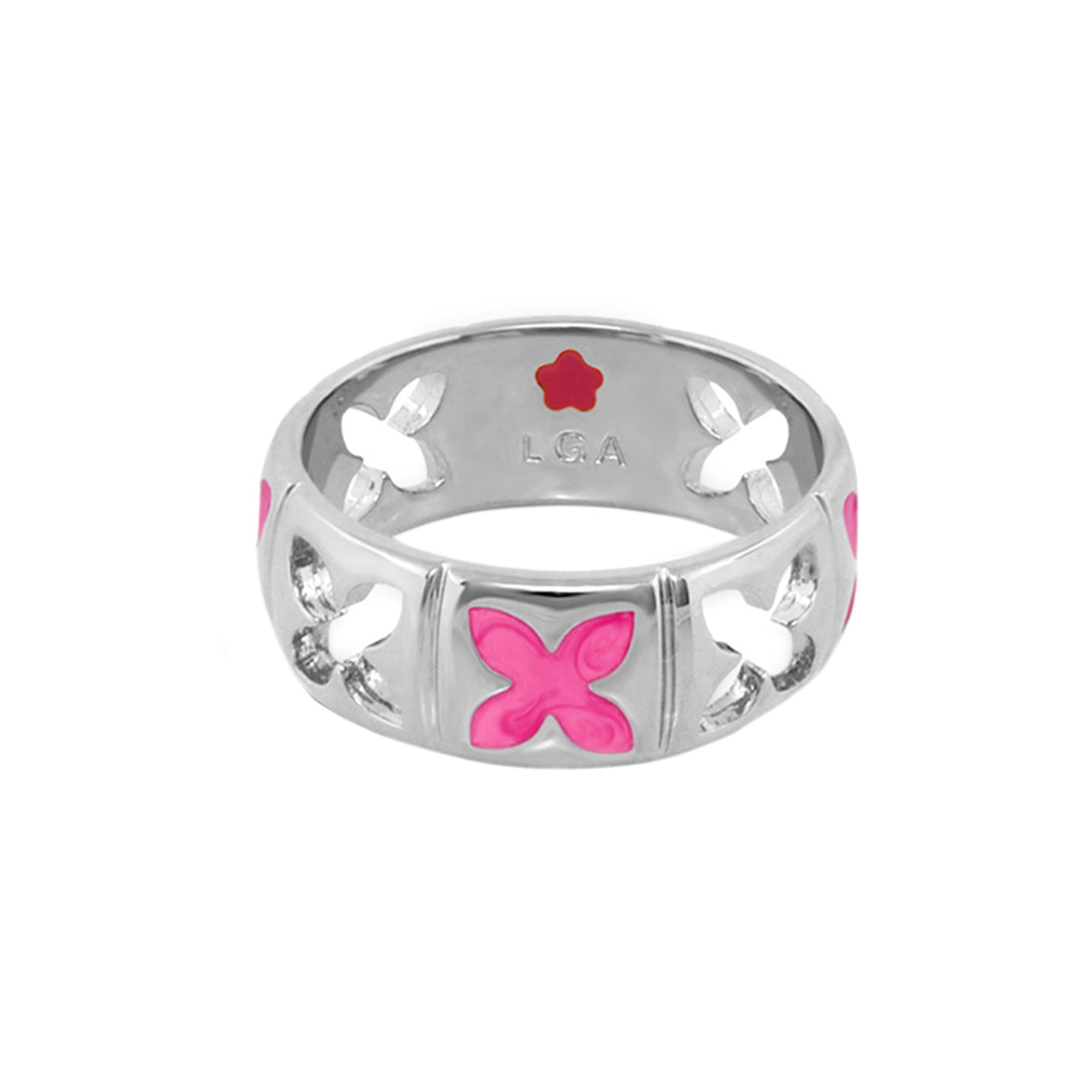 Floral Knight Band Ring, silver band with pink butterfly enamel accents, by Lauren G Adams on Tampa Home & Garden Store