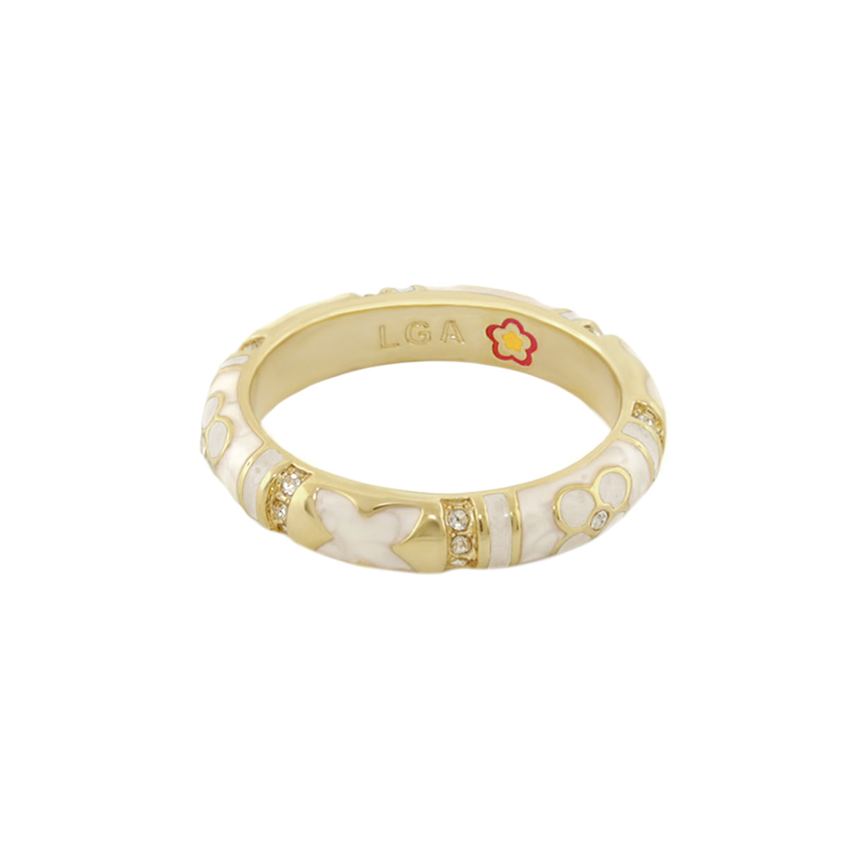 Floral Knight Stackable Ring by Lauren G Adams, gold band with white enamel floral and diamonds on Tampa Home & Garden Store