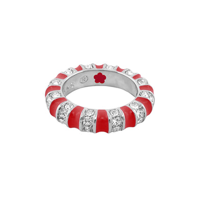 Stripe Tease Stackable Ring by Lauren G Adams red enamel segments with crystals on a silver band on Tampa Home & Garden Store