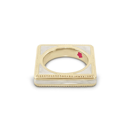 Sea Diamonds Stackable Ring gold band with square bezel and white enamel inlays by Lauren G Adams on Tampa Home & Garden Store