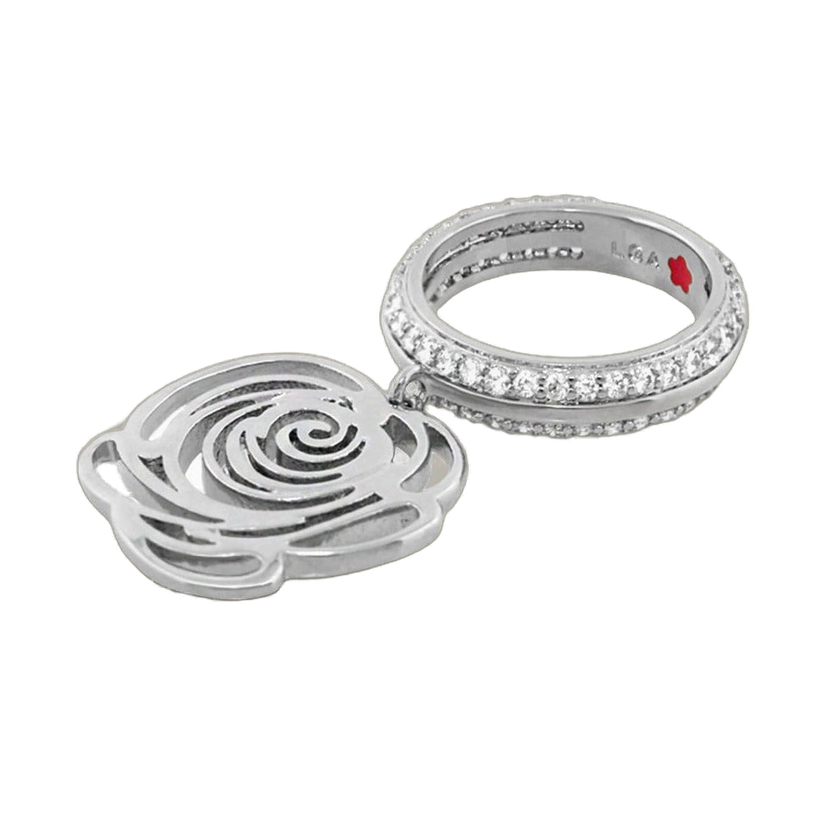 Rose Garden Stackable Ring set of 3 silver-tone bands with pave crystals and red rose emblem on Tampa Home & Garden Store
