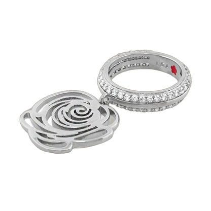 Rose Garden Stackable Ring set of 3 silver-tone bands with pave crystals and red rose emblem on Tampa Home & Garden Store