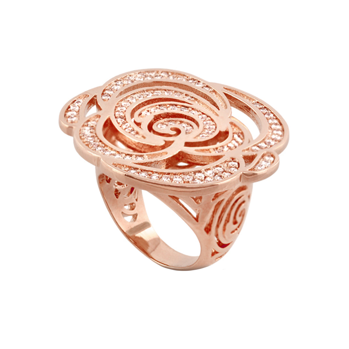 Rose Garden Cocktail Ring in rose gold with pavé diamonds and spiral openwork design on Tampa Home & Garden Store