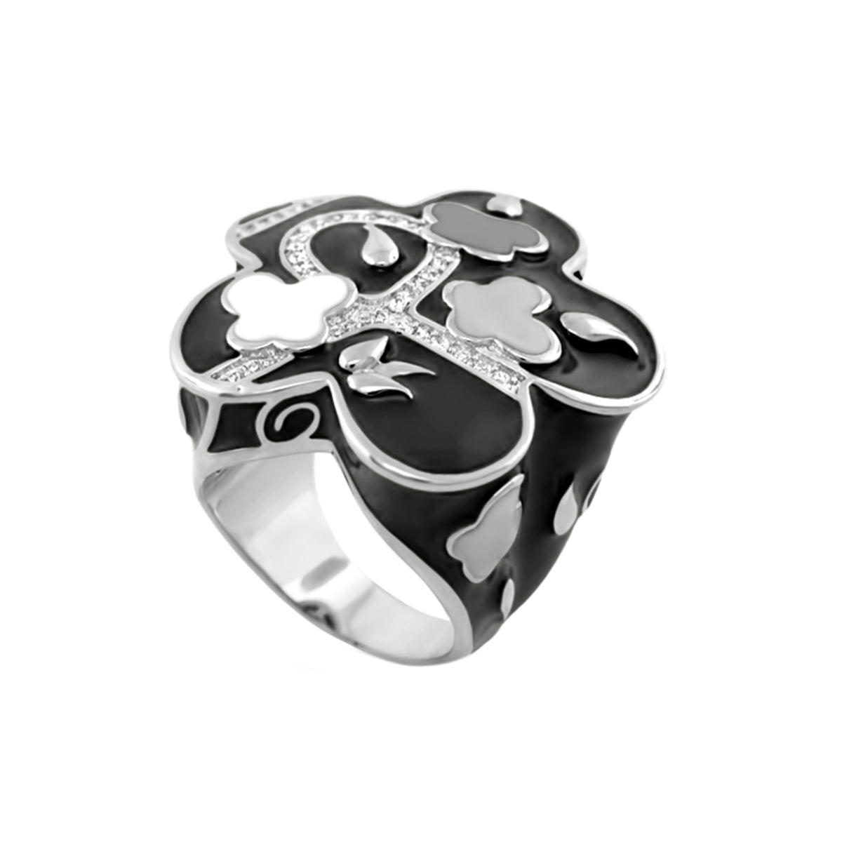 You Neek Cocktail Ring by Lauren G Adams, black enamel silver clover motifs pave accents on Tampa Home & Garden Store