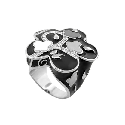 You Neek Cocktail Ring by Lauren G Adams, black enamel silver clover motifs pave accents on Tampa Home & Garden Store