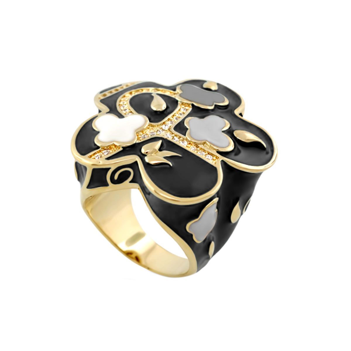 You Neek Cocktail Ring black enamel floral design with gold trim Lauren G Adams on Tampa Home & Garden Store