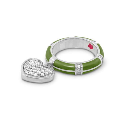 Charming 2 Ring Pavé Heart Charm by Lauren G Adams, green enamel ring with diamond heart on Tampa Home & Garden Store