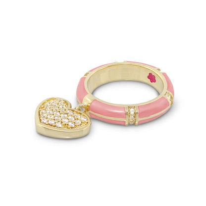 Lauren G Adams Charming 2 Ring Pavé Heart Charm pink enamel ring with gold pavé heart on Tampa Home & Garden Store