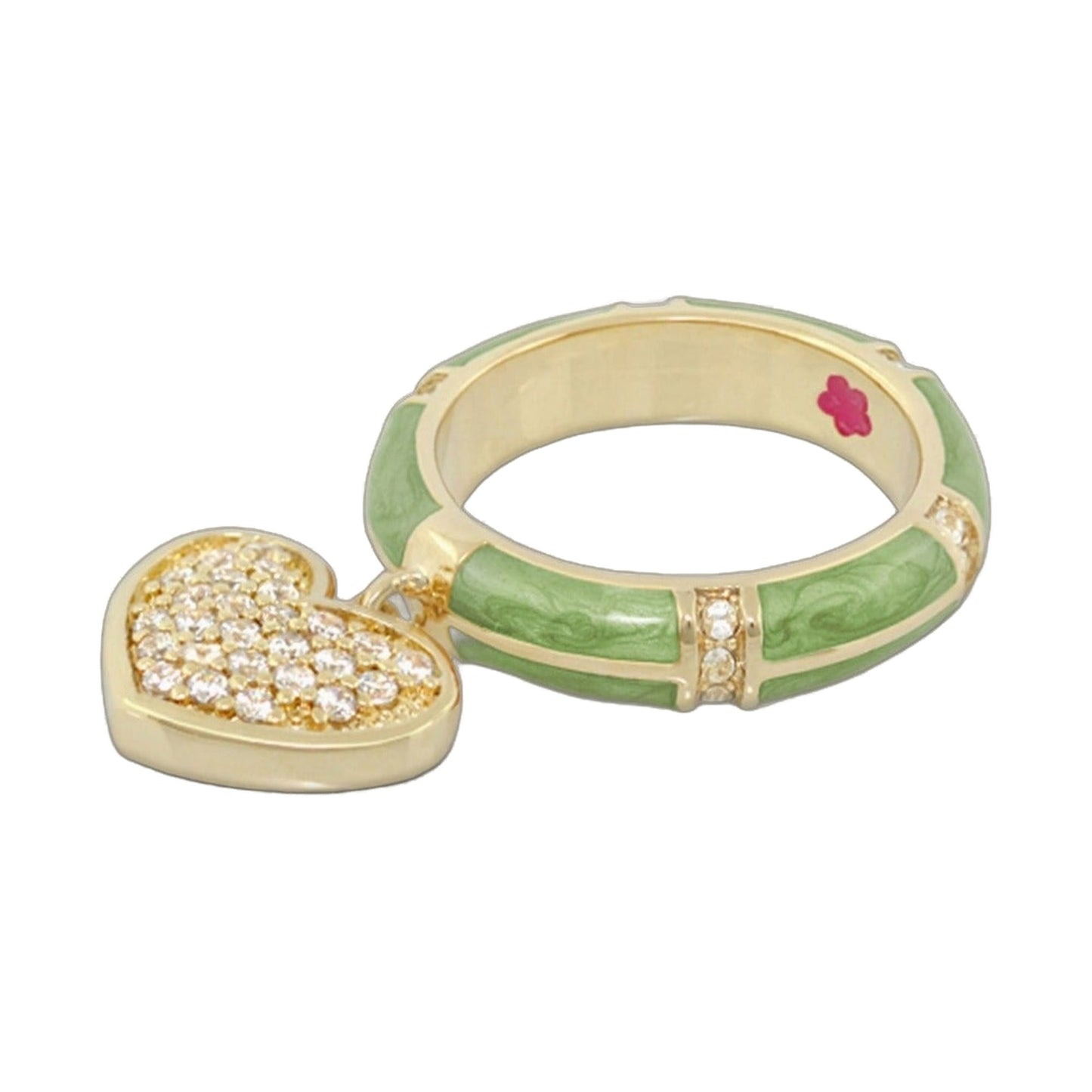 Charming 2-ring pavé heart charm set by Lauren G Adams; gold-tone rings with green enamel and pavé diamond heart charm on Tampa Home & Garden Store