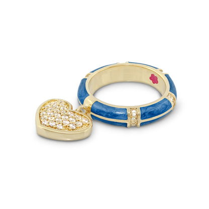 Charming 2 Ring Pavé Heart Charm with blue enamel gold ring Lauren G Adams on Tampa Home & Garden Store