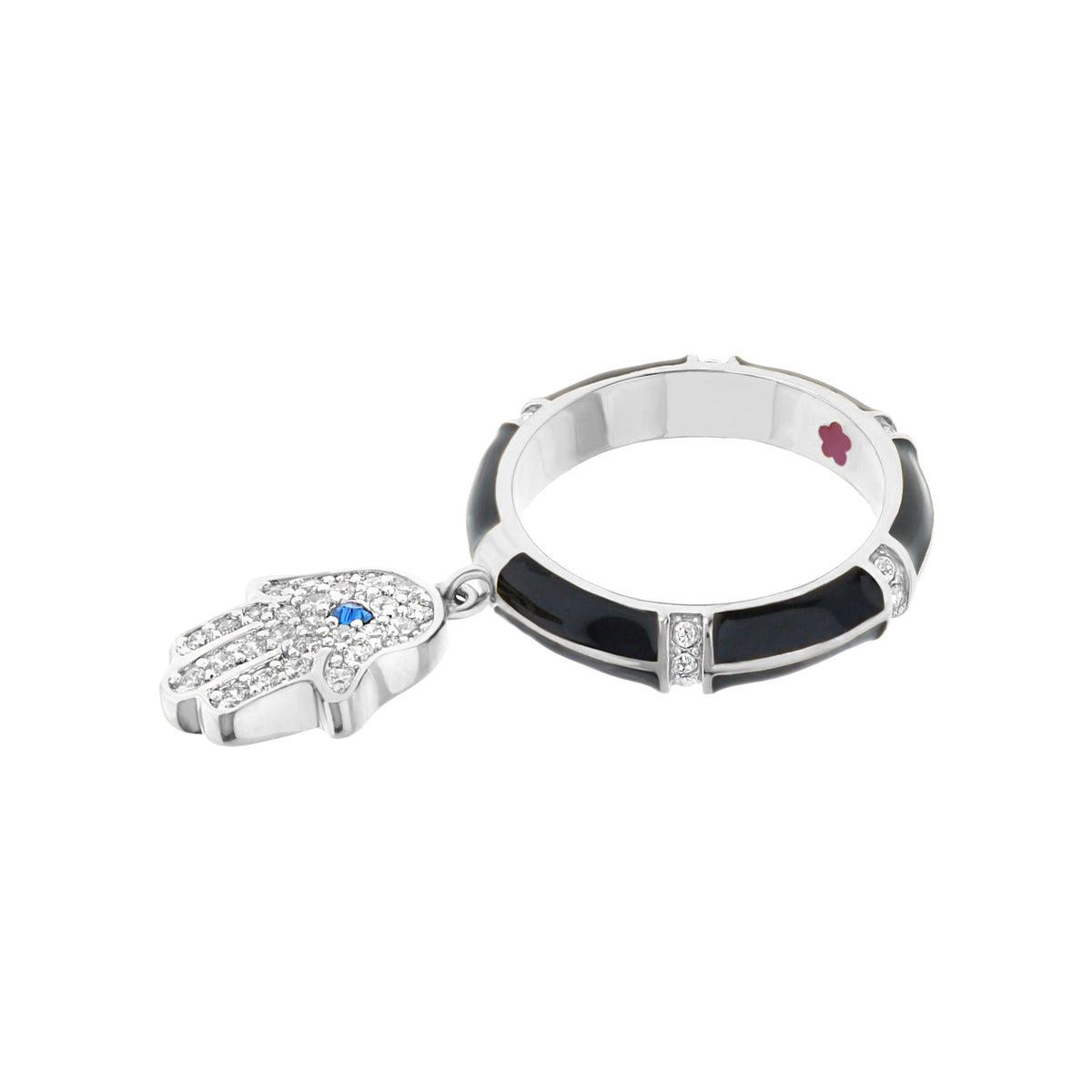 Lucky Hamsa Stackable Ring with silver band and black enamel on Tampa Home & Garden Store