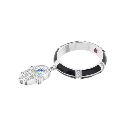 Lucky Hamsa Stackable Ring with silver band and black enamel on Tampa Home & Garden Store