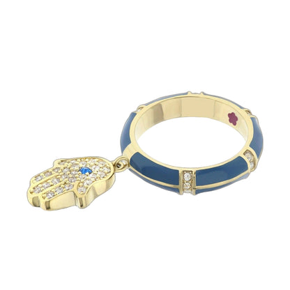 Lucky Hamsa Stackable Ring by Lauren G Adams, blue enamel band with crystal Hamsa charm on Tampa Home & Garden Store