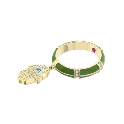 Lucky Hamsa Stackable Ring by Lauren G Adams, gold with green enamel and diamond accents on Tampa Home & Garden Store