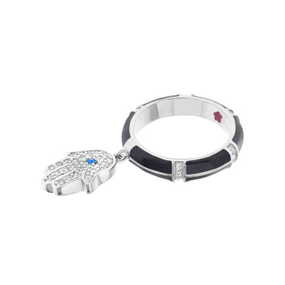Lucky Hamsa Stackable Ring by Lauren G Adams; pavé diamond Hamsa on white enamel band on Tampa Home & Garden Store
