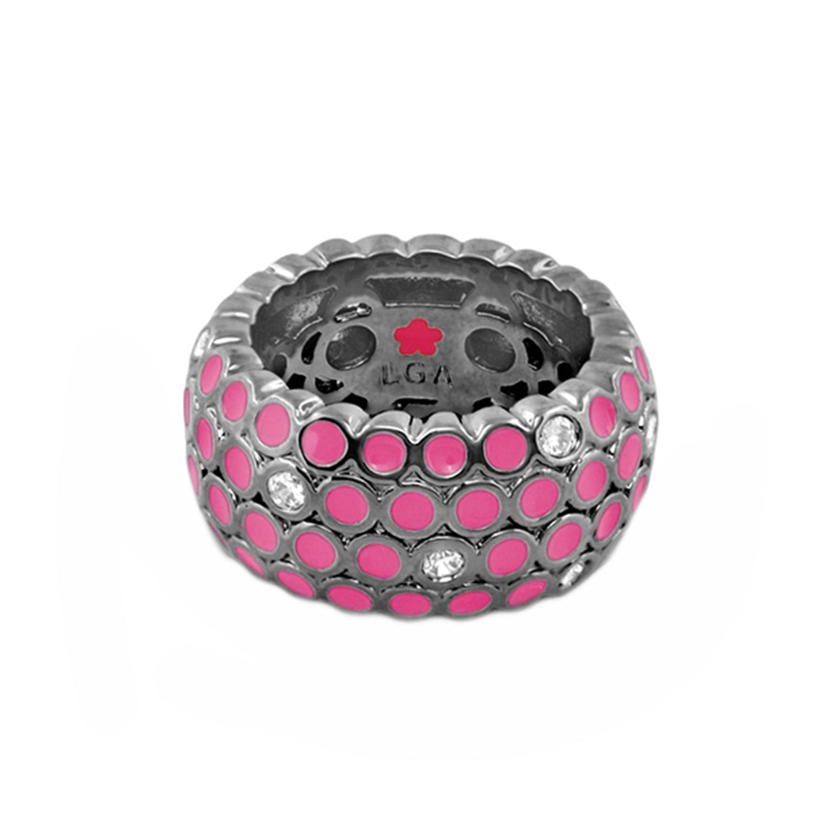 Fun Bubbles Band Ring by Lauren G Adams with pink enamel dots on silver band with crystals on Tampa Home & Garden Store
